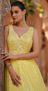 Designer Yellow shaded pure georgette dress with detailed Mirror embroidery dress gown